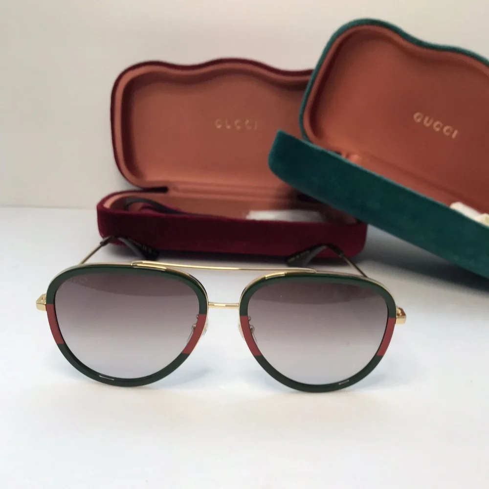 New Gucci Sunglasses Green/Red Grey Gradient Pilot Unisex GG0062S 003 57